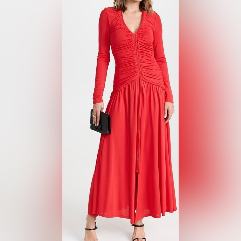 Farm Rio Ruched V-Neck Long Sleeve Midi Dress in red small